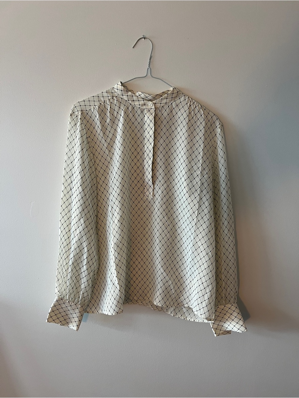 Club Monaco Silk Windowpane-Check Buttoned Neck Blouse